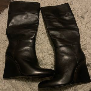 Like new leather Tory Burch black wedges boots, size 8.5 M